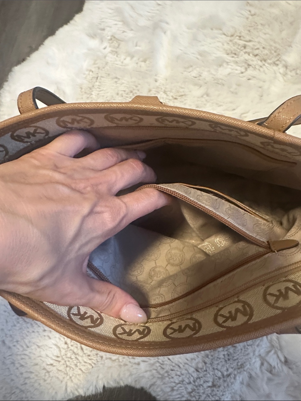 Michael Kors Tan & Beige MK Logo Canvas Tote - Picture 7 of 8